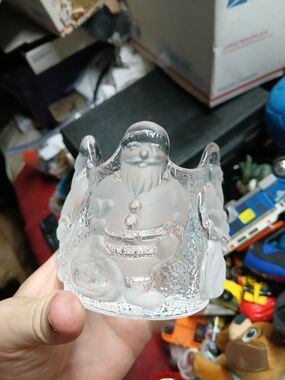 vintage Nybro Sweden crystal votive candle holder featuring frosted Santa Claus
